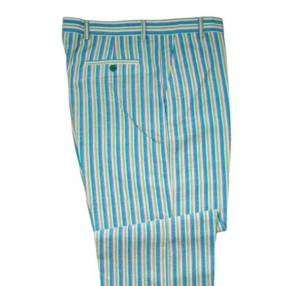Mens 34 Chino Pants Blue Green Seersucker Stripe Flat Front Straight Trousers